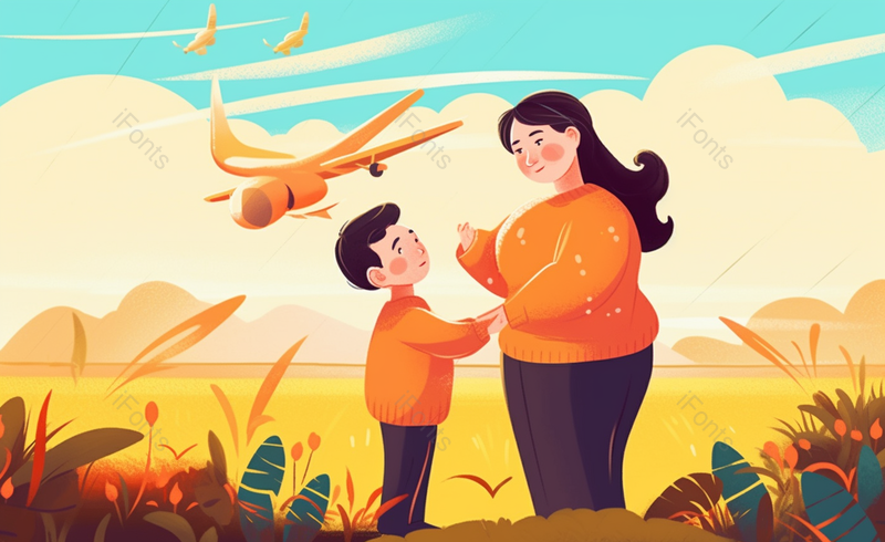 稻田里的玩飞机的母子卡通手绘人物母亲节插画温馨母亲节原创插画素材,插画/手绘图,插画/手绘图库,插画/手绘图下载,插画/手绘